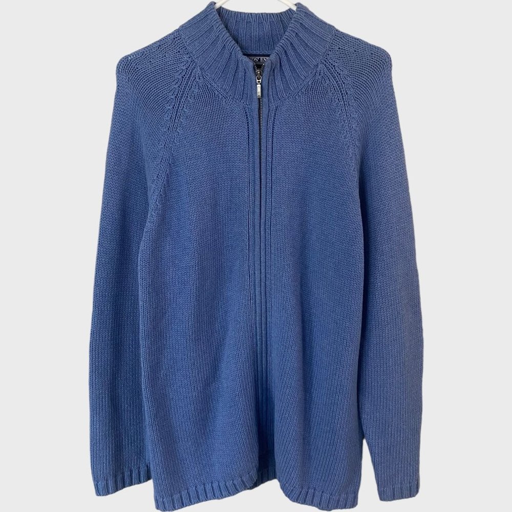 Land's End Textured Knit Zip-Up Sweater Women's Large 14-16 Blue Long-Sleeve